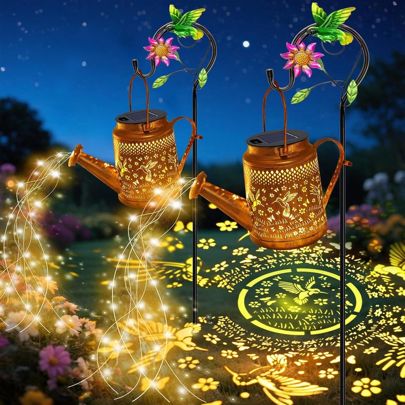 VOOKRY 2 Pack Hummingbird Metal Solar Watering Can Lights, Solar Lights Outdoor Waterproof, Birthday Gifts for Women Mom Grandma, Hanging Lanterns Decorative Garden Decor for Outside Yard Patio Lawn - Image 1